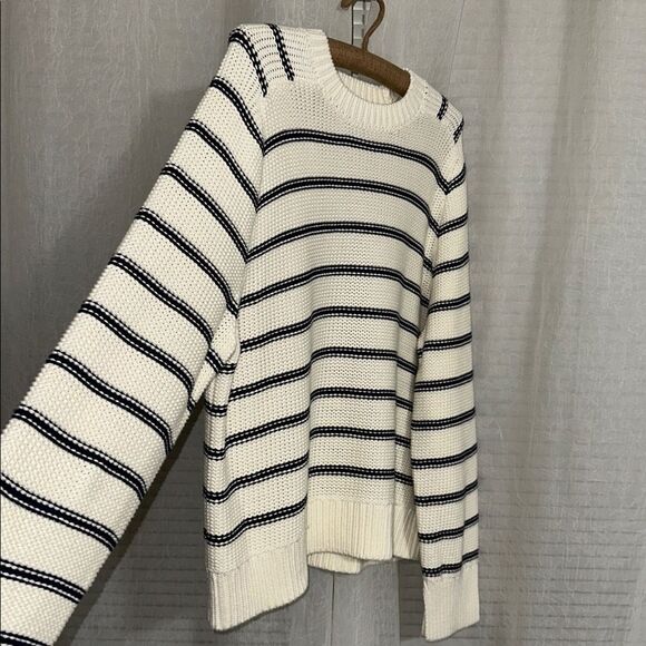 Madewell XL Bright Ivory Navy Stripes Reverse Knit Crewneck Sweater - Picture 13 of 16